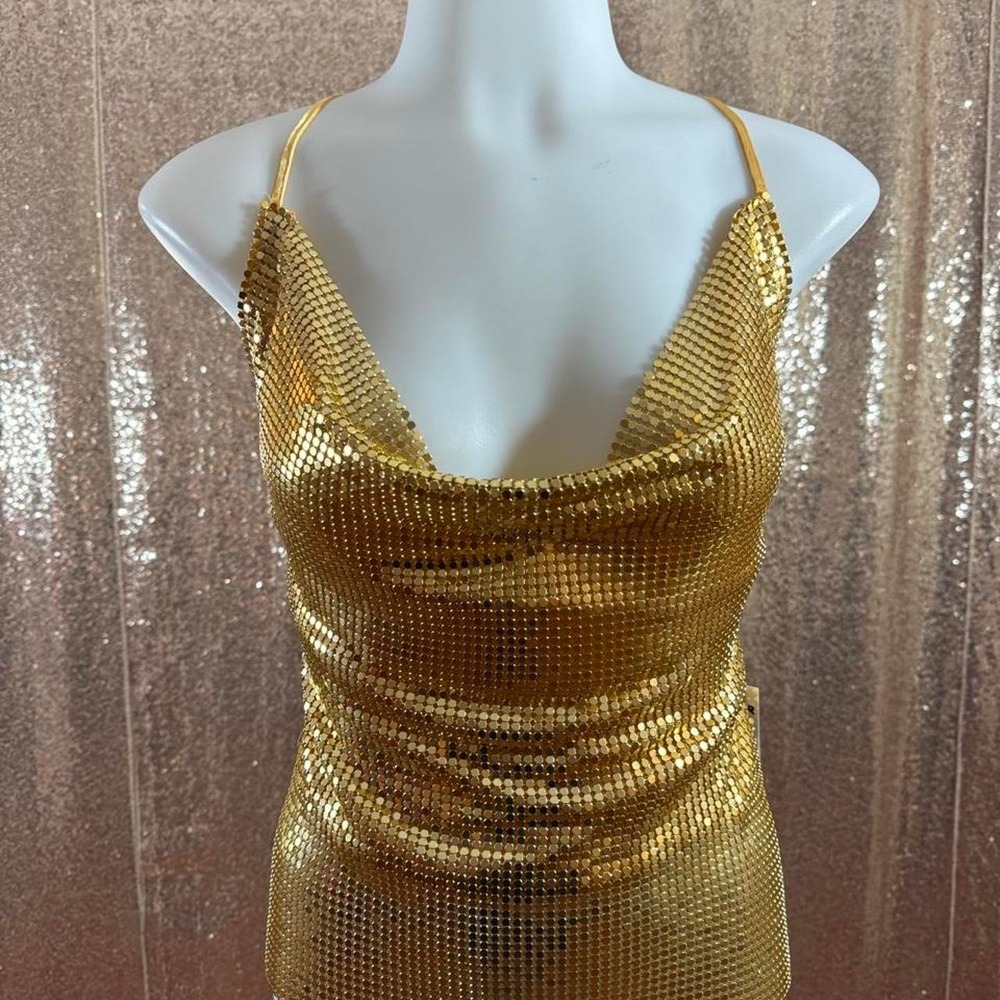 Gold Metal Mesh Halter Top Sequin Adjustable Open Back Clubwear NWT/Size OS